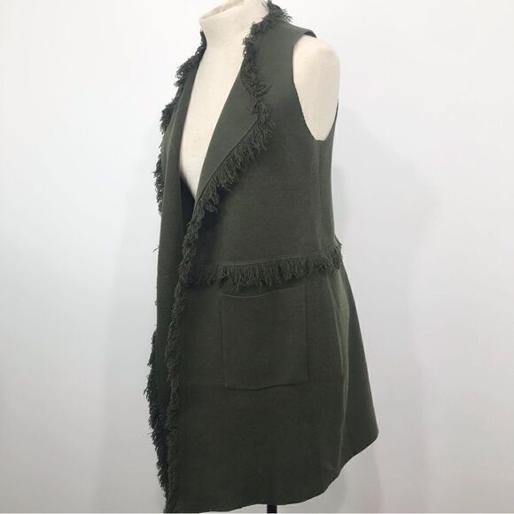 Sisters Olive Green Felted Knit Fringed Open Front Tunic Cardigan Vest - Picture 4 of 16
